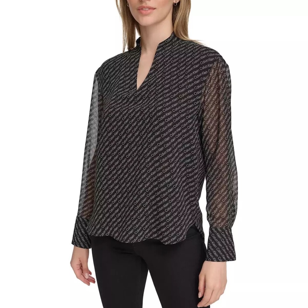 Calvin Klein Women's Chiffon Sleeve Logo Print V-Neck Blouse Black L